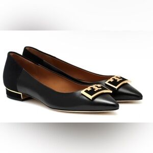 TORY BURCH Suede-trimmed Embellished Leather Point-toe Flats In Perfect Black 7